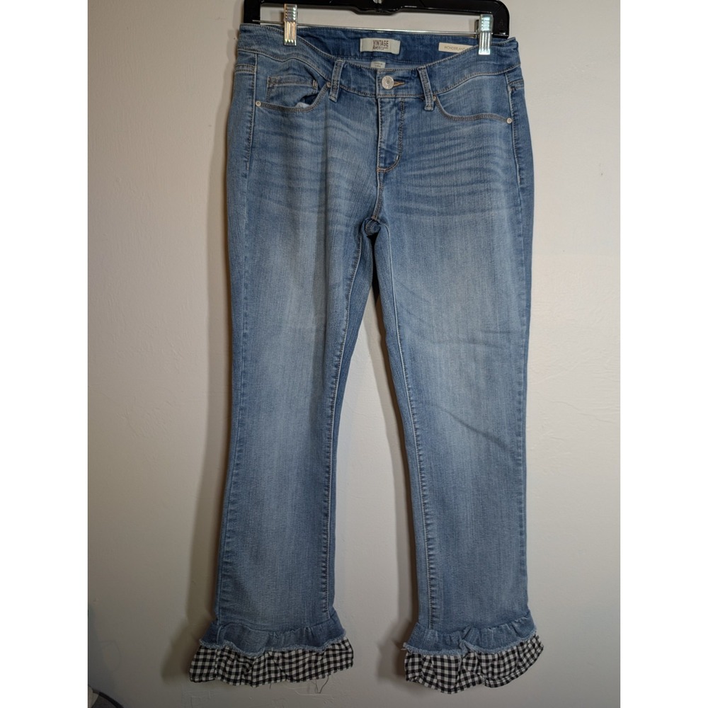 Vintage America Blues Jeans Womens Size 4 Cropped Plaid Ruffle Pocket Denim Blue